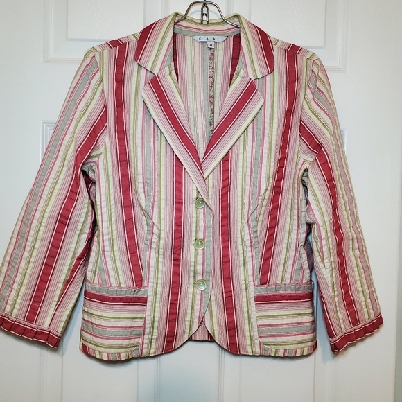 CAbi Lightweight Seersucker Striped Shabby Chic Ruffled Bistro Blazer Jacket 4 - Picture 1 of 10